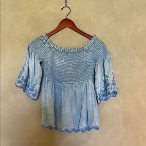 Michael Stars Blue Off-Shoulder Smocked Top